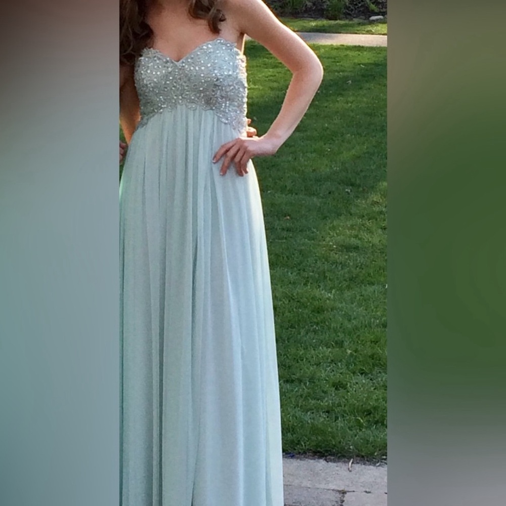 Sequin Hearts Light Pale Green Beaded Strapless Full-Length Prom Dress